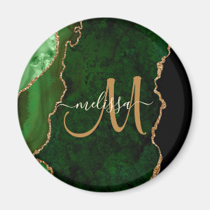 Chic Green Gold Glitzer Agate Custom Monogram Magnet
