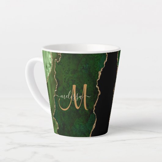 Chic Green Gold Glitzer Agate Custom Monogram Milchtasse (Linke Ecke)