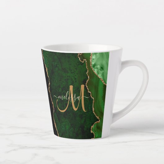 Chic Green Gold Glitzer Agate Custom Monogram Milchtasse (Rechts)