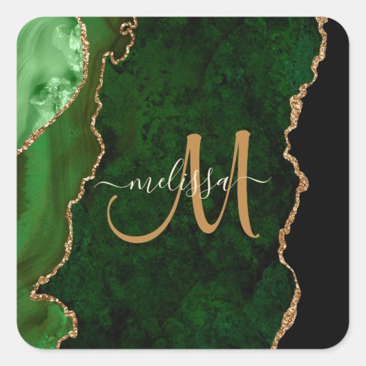 Chic Green Gold Glitzer Agate Custom Monogram Quadratischer Aufkleber (Vorderseite)