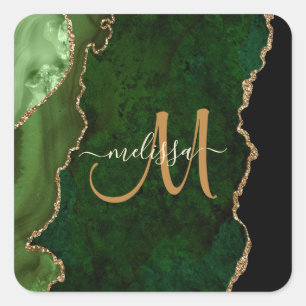 Chic Green Gold Glitzer Agate Custom Monogram Quadratischer Aufkleber