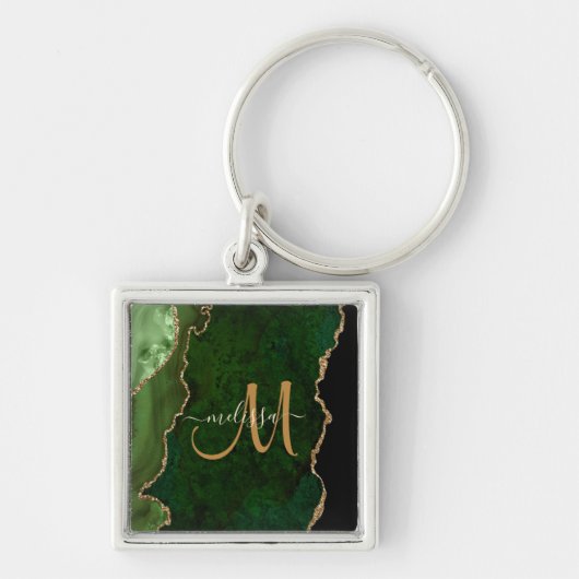 Chic Green Gold Glitzer Agate Custom Monogram Schlüsselanhänger (Vorne)