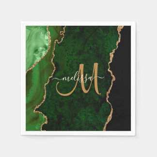 Chic Green Gold Glitzer Agate Custom Monogram Serviette