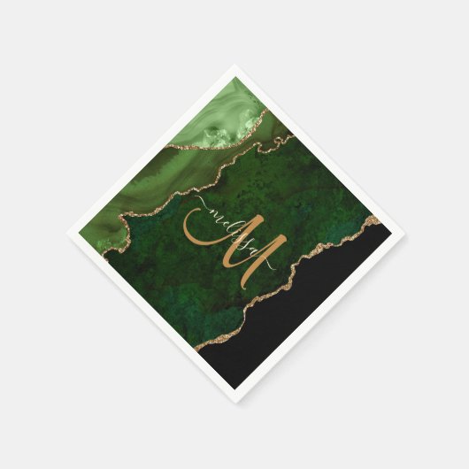 Chic Green Gold Glitzer Agate Custom Monogram Serviette (Ecke)