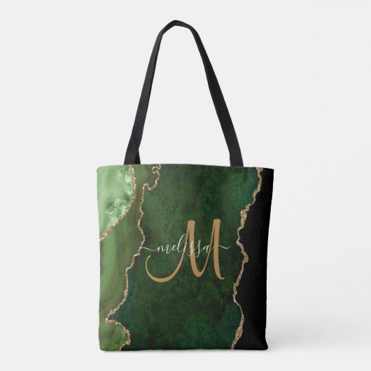 Chic Green Gold Glitzer Agate Custom Monogram Tasche (Rückseite)
