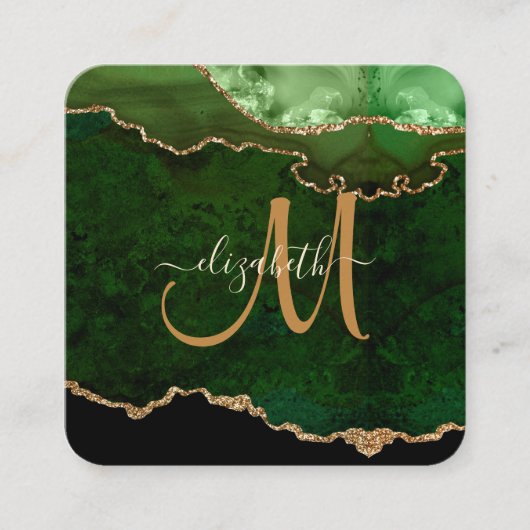Chic Green Gold Glitzer Agate Script Monogram Quadratische Visitenkarte (Vorderseite)