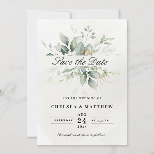 Chic Green & Gold Leafy Elegante Save The Date (Vorderseite)