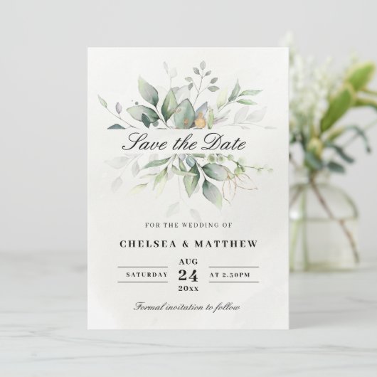 Chic Green & Gold Leafy Elegante Save The Date (Stehend Vorderseite)