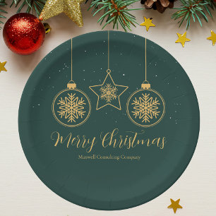 Chic Green Gold Ornaments Company Weihnachtsfeier Pappteller