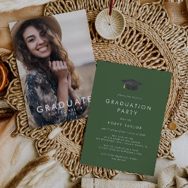 Chic Green Grad Cap Foto Graduation Party Einladung