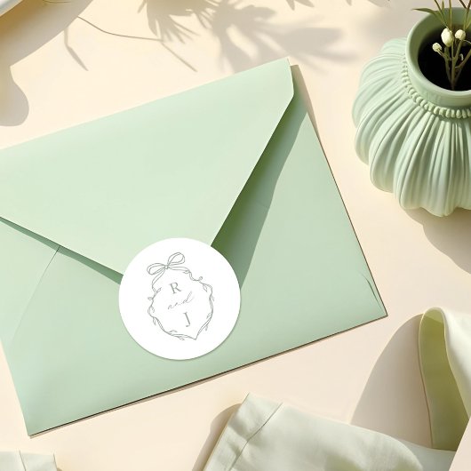 Chic Green Hand Draw Bow & Ribbon Monogram Wappen Runder Aufkleber