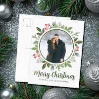 Chic Green Holly Christmas Wreath Couple Foto