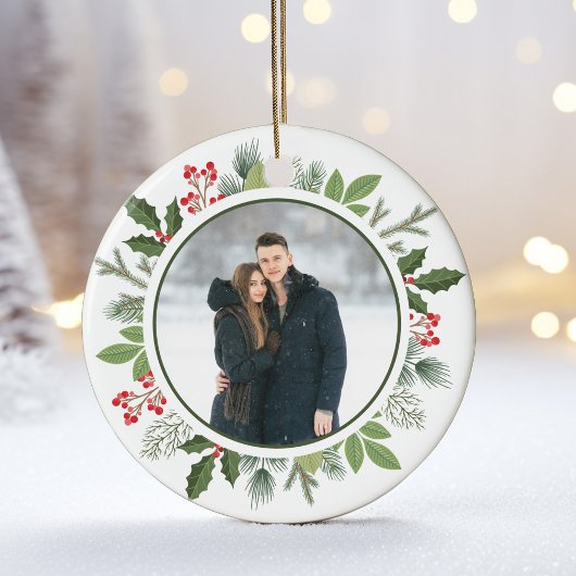 Chic Green Holly Weihnachtskranz 2 Side Foto Keramik Ornament
