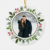 Chic Green Holly Weihnachtskranz 2 Side Foto Keramik Ornament (Vorne)