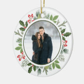 Chic Green Holly Weihnachtskranz 2 Side Foto Keramik Ornament (Links)