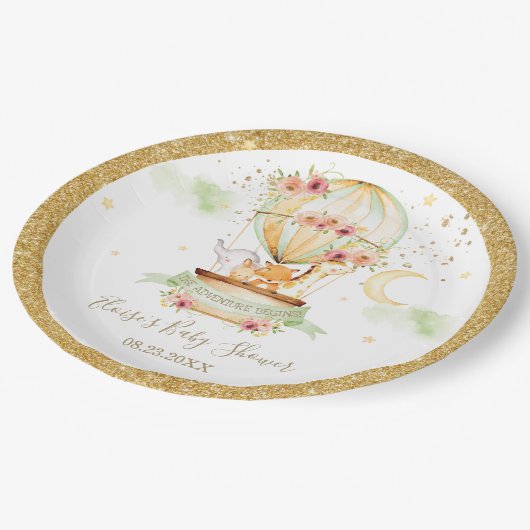 Chic Green Hot Air Ballon Baby Tiere neutral Pappteller (Schrägansicht)