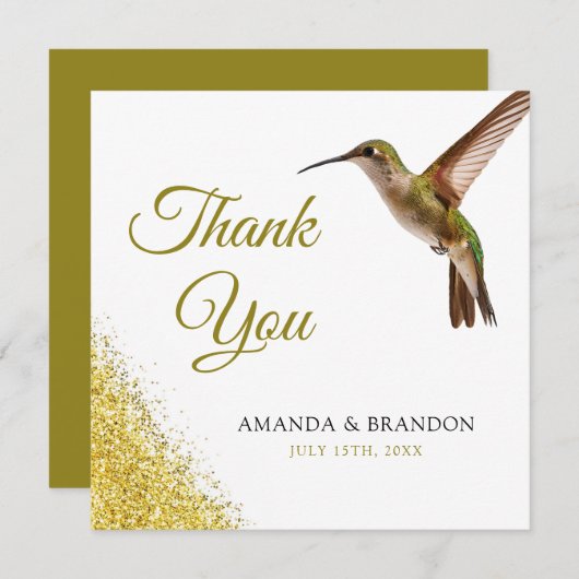 Chic Green Hummingbird and Gold Dust Wedding Dankeskarte (Vorne/Hinten)