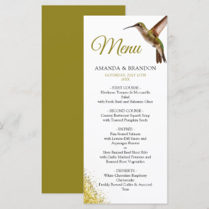 Chic Green Hummingbird and Gold Dust Wedding Menükarte