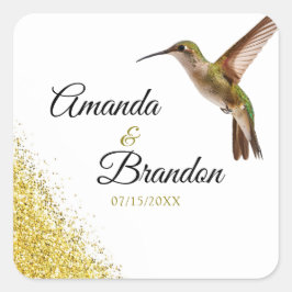 Chic Green Hummingbird and Gold Dust Wedding Quadratischer Aufkleber