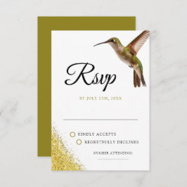 Chic Green Hummingbird and Gold Dust Wedding RSVP Karte