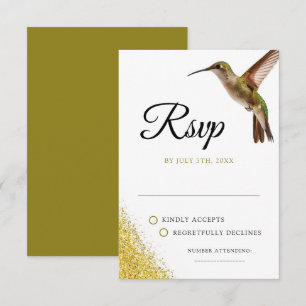 Chic Green Hummingbird and Gold Dust Wedding RSVP Karte