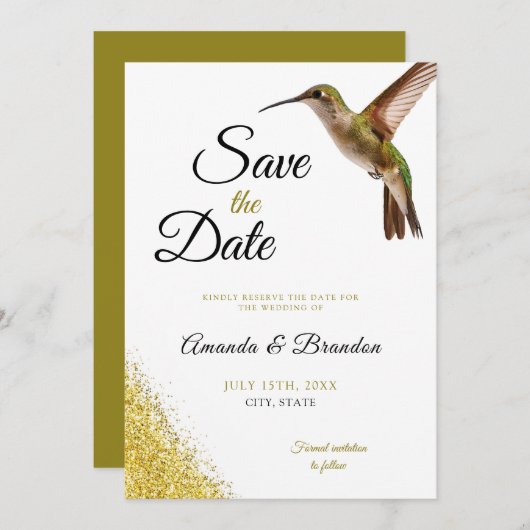 Chic Green Hummingbird and Gold Dust Wedding Save The Date (Vorne/Hinten)
