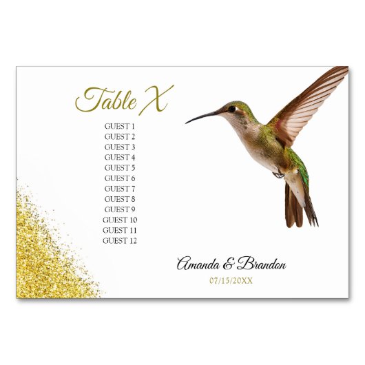 Chic Green Hummingbird and Gold Dust Wedding Tischnummer (Vorderseite)