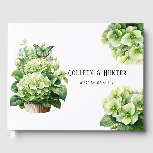 Chic Green Hydrangea Butterfly Wedding Gästebuch (Vorderseite)