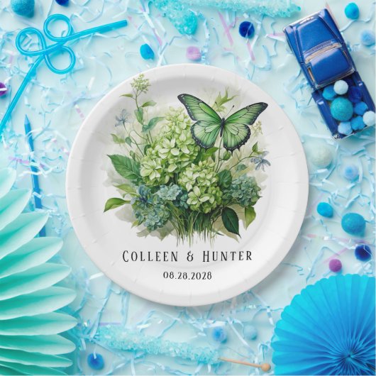 Chic Green Hydrangea Floral Butterfly Wedding Pappteller (Party)
