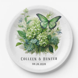 Chic Green Hydrangea Floral Butterfly Wedding Pappteller