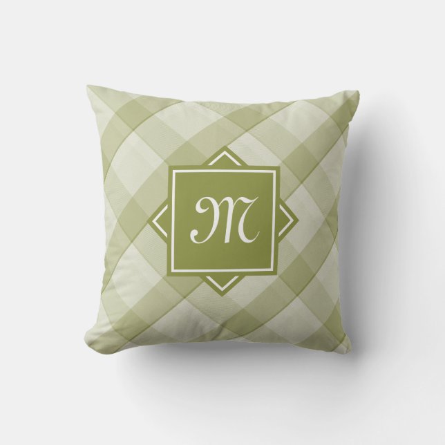 Chic Green Kariert mit moderner Diagonal-Monogramm Kissen (Vorderseite)