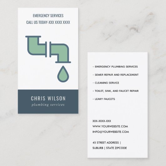 CHIC GREEN NAVY PLUMBER SERVICE PIPS PLUMBING VISITENKARTE (Vorne/Hinten)