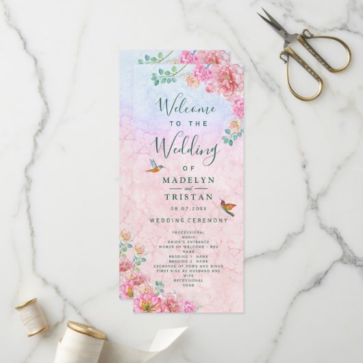 Chic Green & Pink Delicate Wasserfarbenhochzeit Programm (Vorderseite/Rückseite Beispiel)