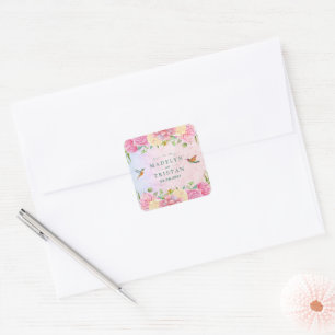 Chic Green & Pink Delikate Wasserfarbenflora Quadratischer Aufkleber