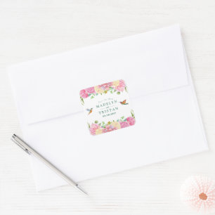 Chic Green & Pink Floral Delikate Wasserfarbe Quadratischer Aufkleber