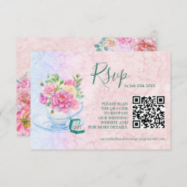 Chic Green & Pink Watercolor Floral Qr Code RSVP Karte