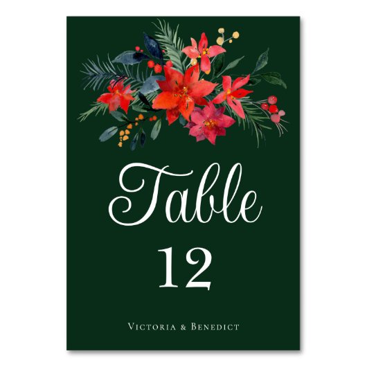 Chic Green Poinsettia Floral Holiday Wedding Tischnummer (Vorderseite)