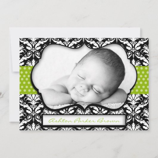Chic Green Polka Dot Damask Birth Ankündigung (Vorderseite)