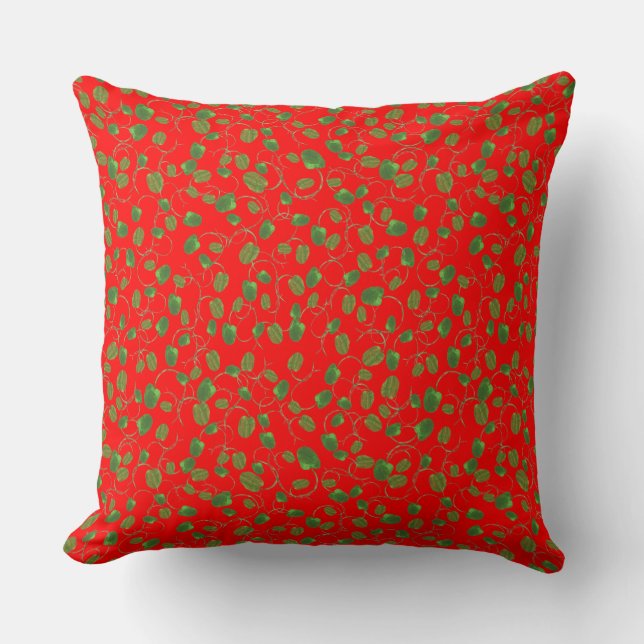 Chic Green Poppy Buds Pattern on Bright Red Kissen (Vorderseite)