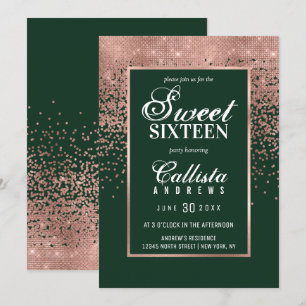 Chic Green Rose Gold Glitzer Confetti Sweet 16 Einladung