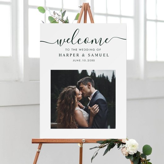 Chic Green Script Foto Wedding Welcome Sign Poster