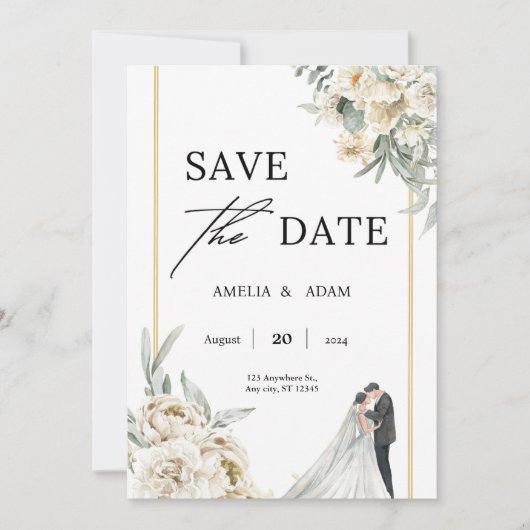 Chic Green und Beige Blätter Save the Date Hochzei Einladung (Vorderseite)