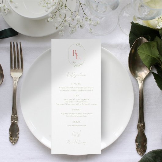 Chic Green & White Floral Monogram Wedding Menu Menükarte