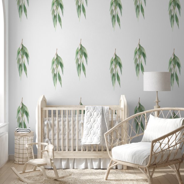 Chic Green White Natural Eucalyptus Blätter Tapete (Kinder)