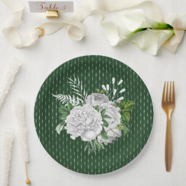 Chic Green White Roses Floral Pappteller