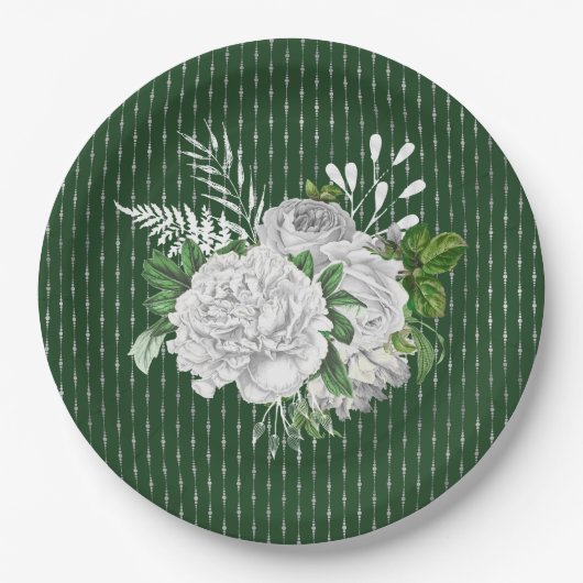 Chic Green White Roses Floral Pappteller (Vorderseite)
