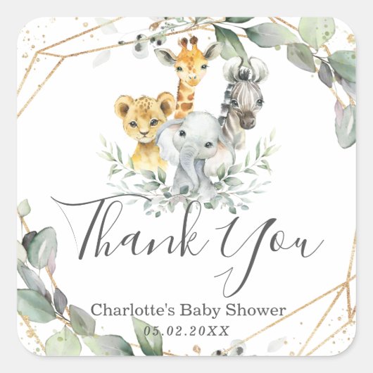 Chic Greenerenery Jungle Animals Baby Shower Gebur Quadratischer Aufkleber (Vorderseite)