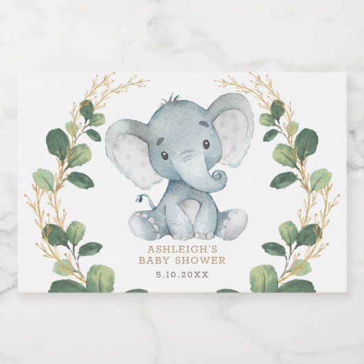 Chic Greenerity Gold Elephant Baby Shower Geburtst Schaumweinetikett (Einzelnes Label)