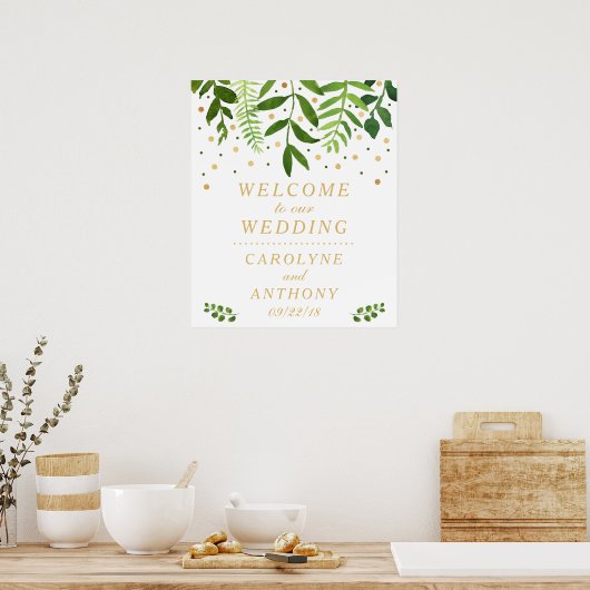 Chic Greenerity & Gold Foil Wedding Willkommenszei Poster (Küche)