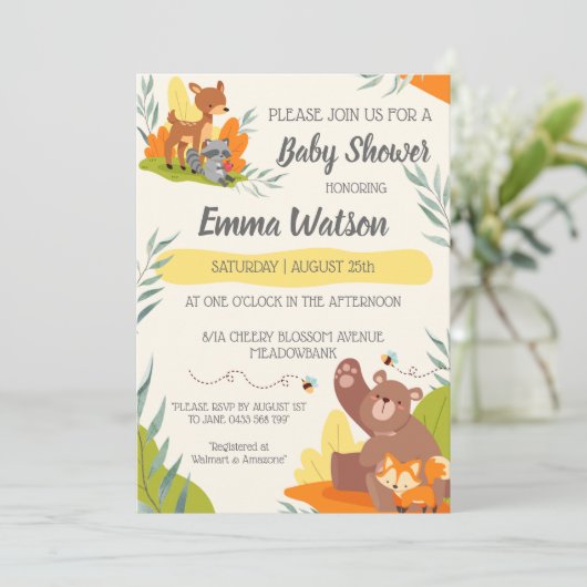 Chic Greenerity Woodland Animals Baby Shower Fores Einladung (Stehend Vorderseite)